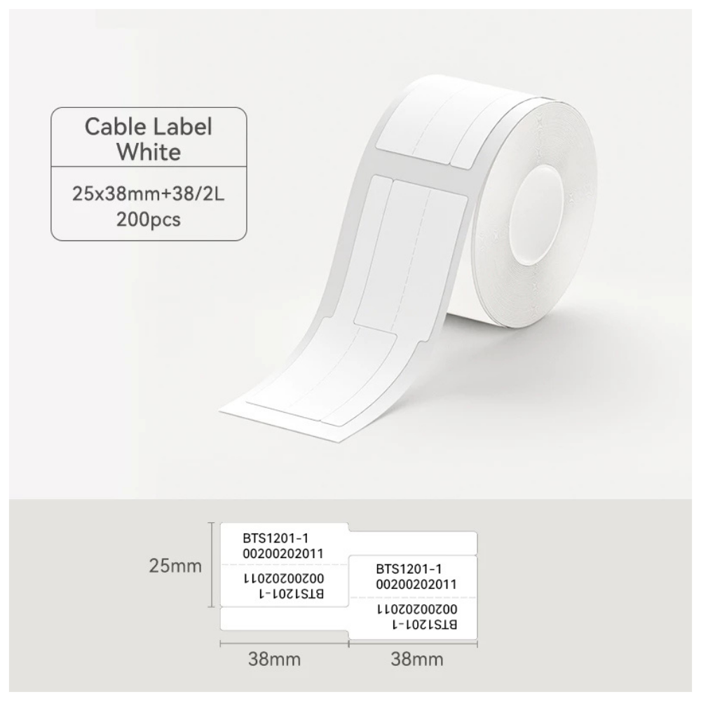 White Wrap-Around Cable Labels - 25x38+38mm (200 pcs, 2-Row) - B Series