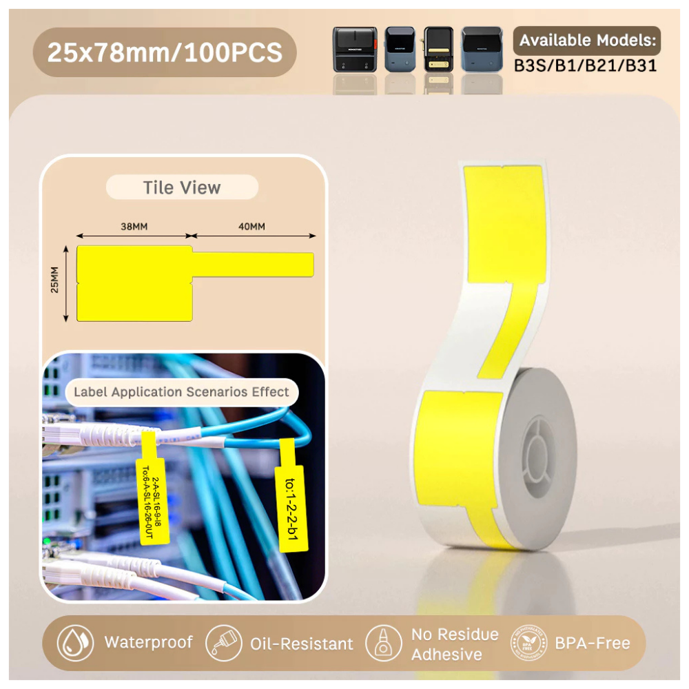 Yellow Wrap-Around Cable Labels - 25x38+40mm (100 pcs) - B Series