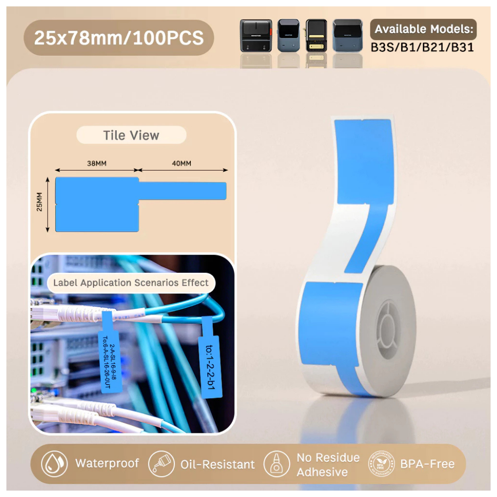Blue Wrap-Around Cable Labels - 25x38+40mm (100 pcs) - B Series