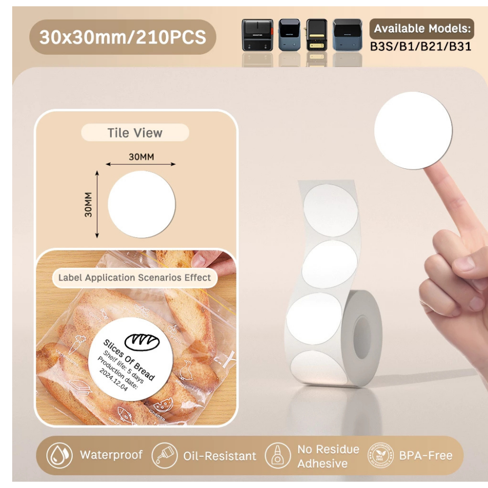 White Round Labels - 30x30mm (210 pcs, Standard) - B Series