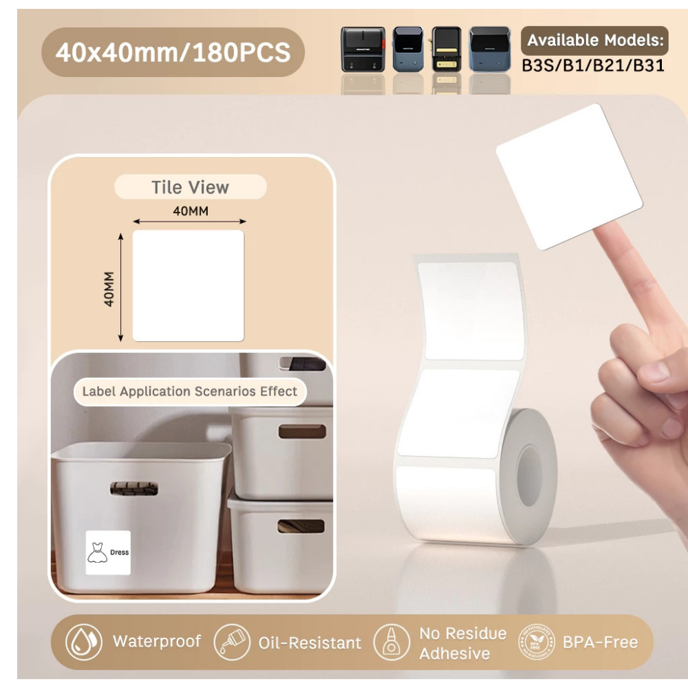 White Square Labels - 40x40mm (180 pcs, Standard) - B Series
