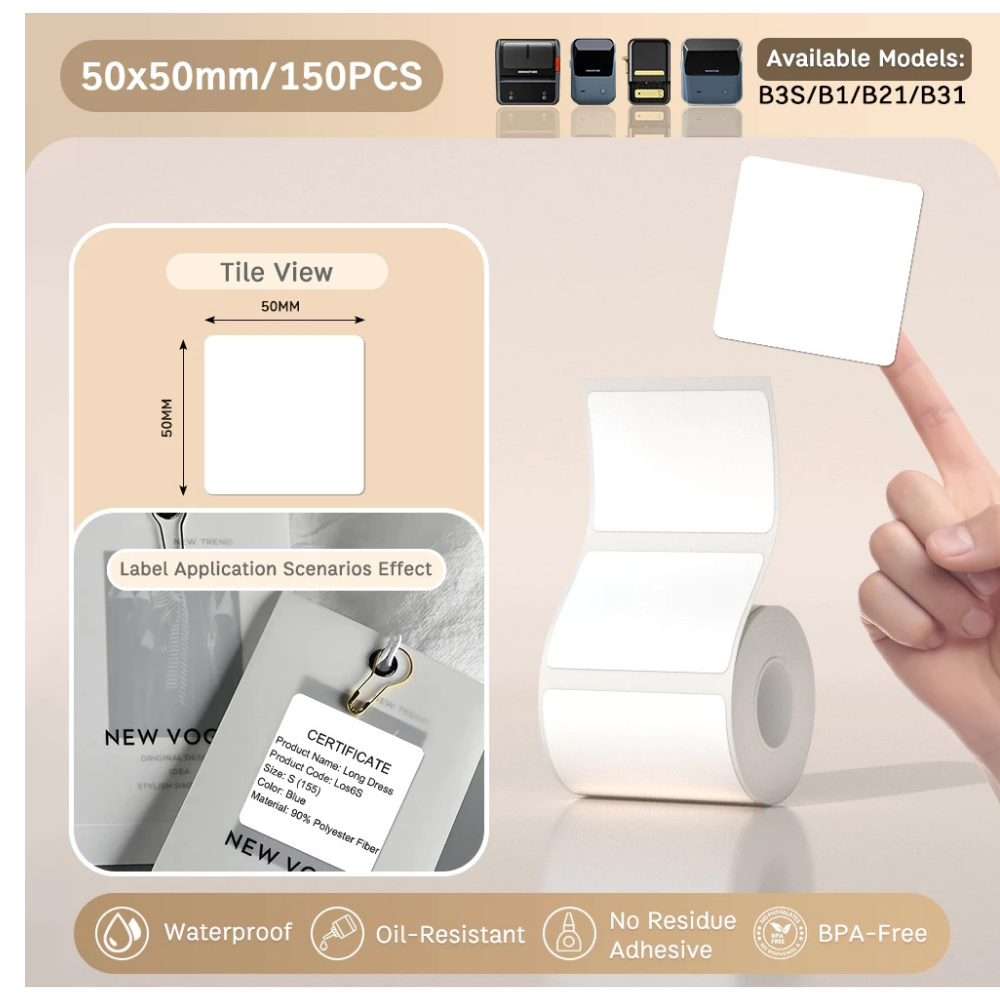 White Square Labels - 50x50mm (150 pcs, Standard) - B Series
