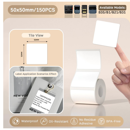 White Square Labels - 50x50mm (150 pcs, Standard) - B Series