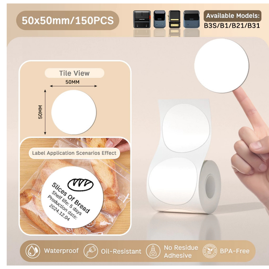 White Round Labels - 50x50mm (140 pcs, Standard) - B Series