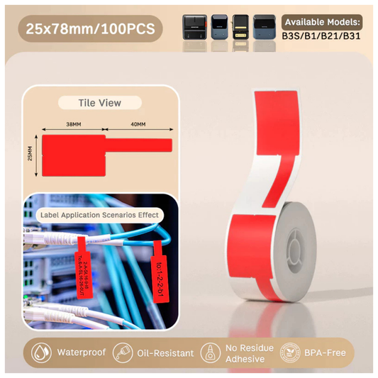 Red Wrap-Around Cable Labels - 25x38+40mm (100 pcs) - B Series