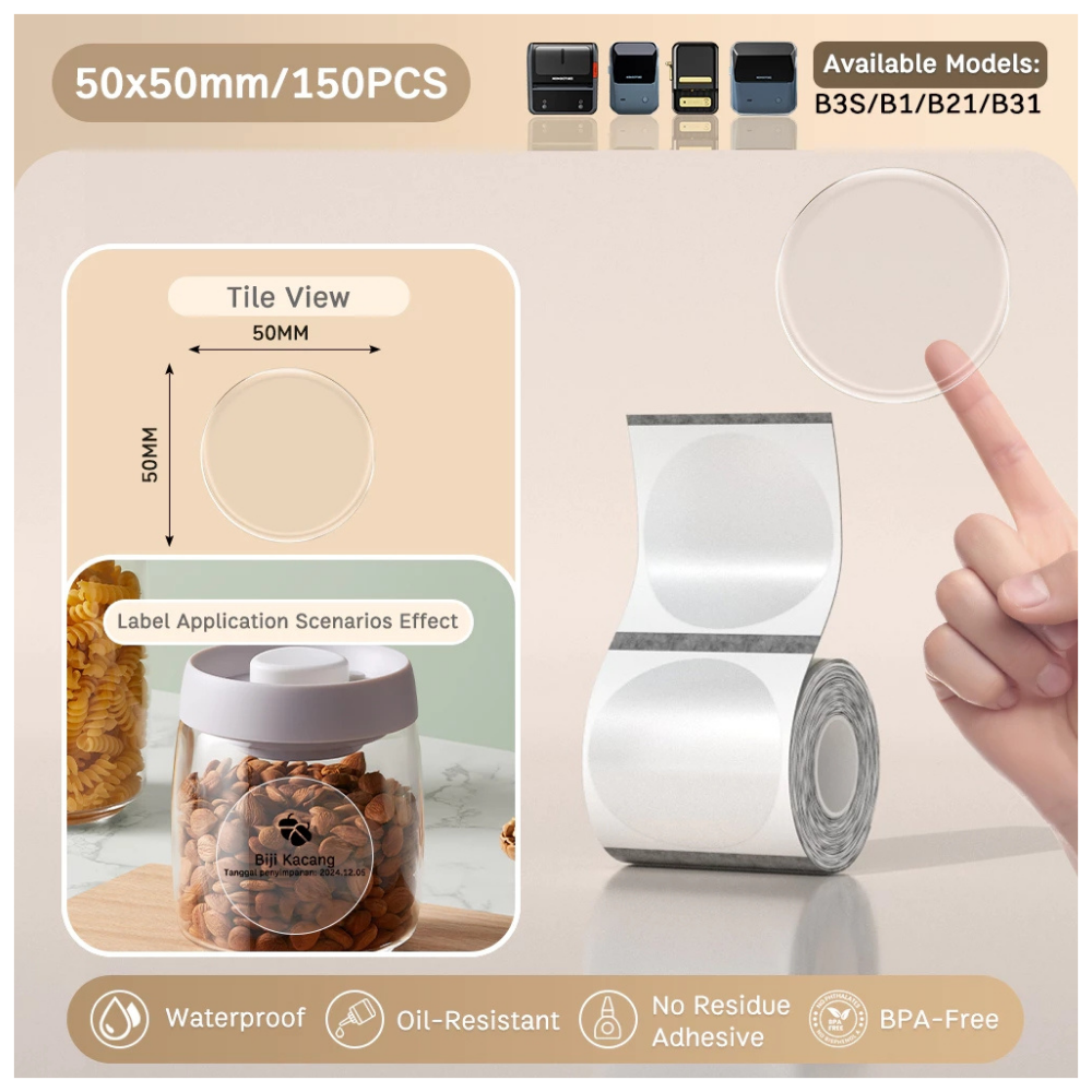 Transparent Round Labels - 50x50 mm (150 pcs) - B Series